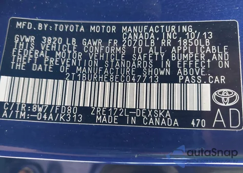 2014 Toyota Corolla S Plus z USA, uszkodzony, nr VIN 2T1BURHE8EC047713